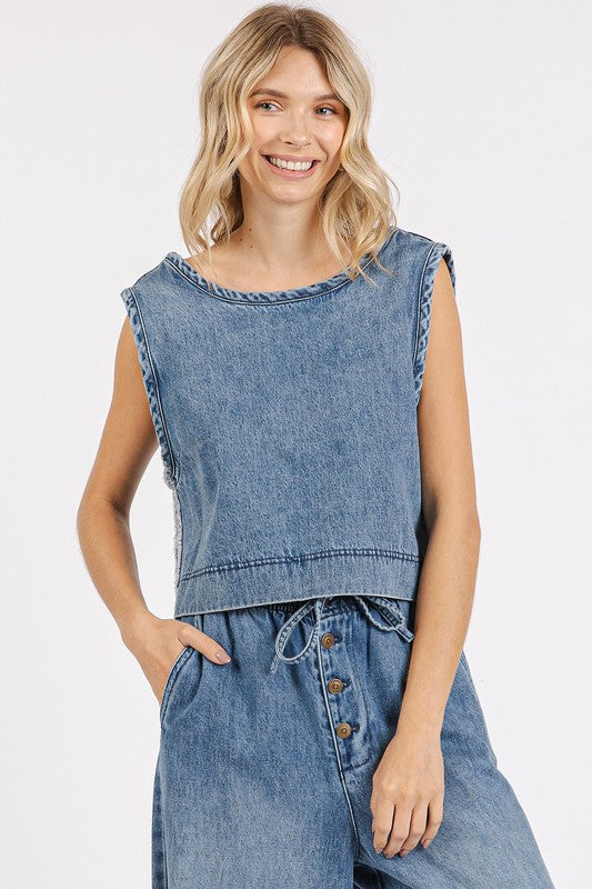Mittoshop Washed Denim Distressed Detail Crop Tank - Clothes For Her Online Store