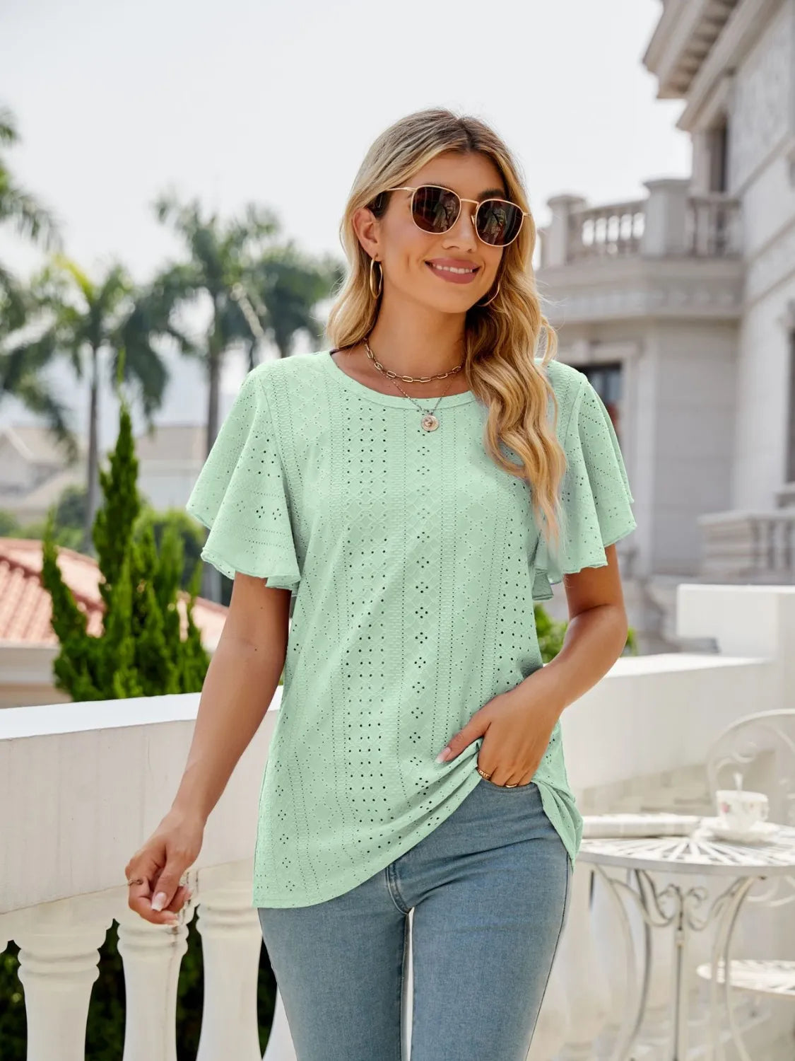 Eyelet Round Neck Flutter Sleeve T-Shirt
