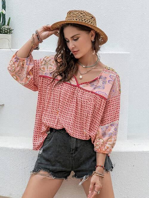 Plus Size Printed Tie Neck Balloon Sleeve Blouse - Clothes For Her Online Store