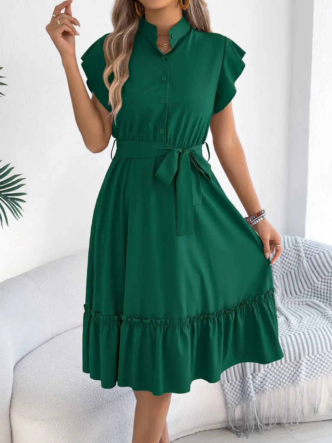 Tie Waist Ruffled Cap Sleeve Dress - Clothes For Her Online Store