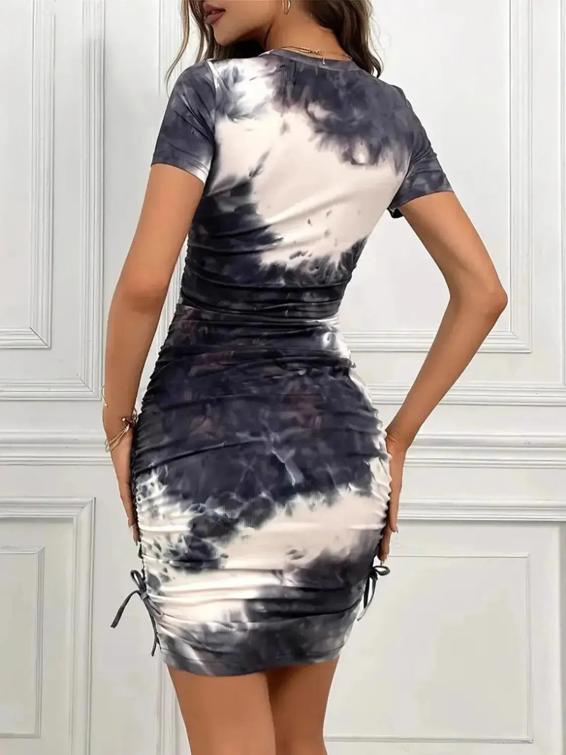 Drawstring Tie-Dye Round Neck Short Sleeve Dress - Clothes For Her Online Store
