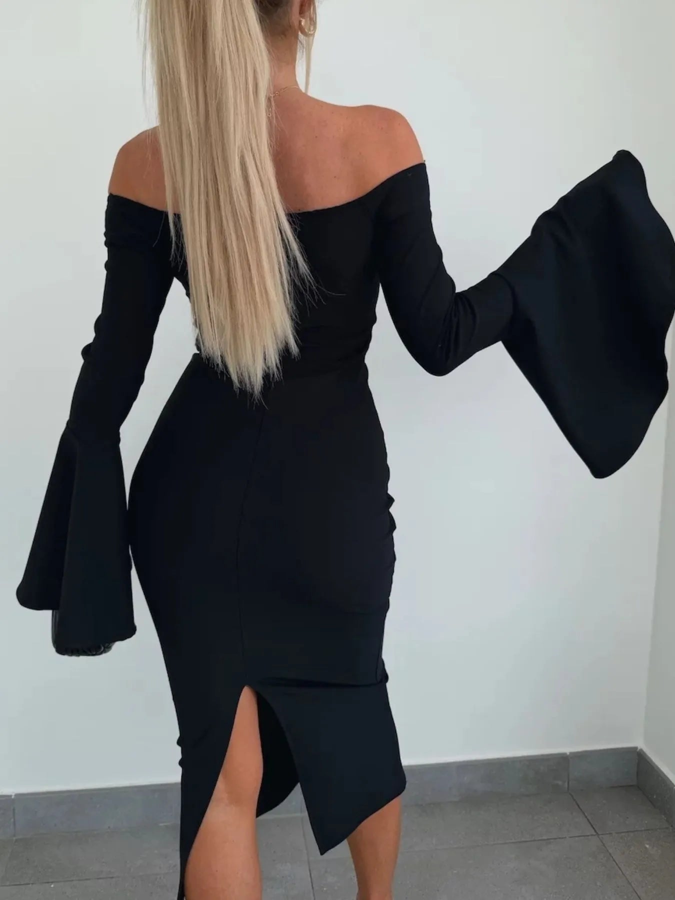 Off Shoulder Bell Sleeve Bodycon Midi Dress