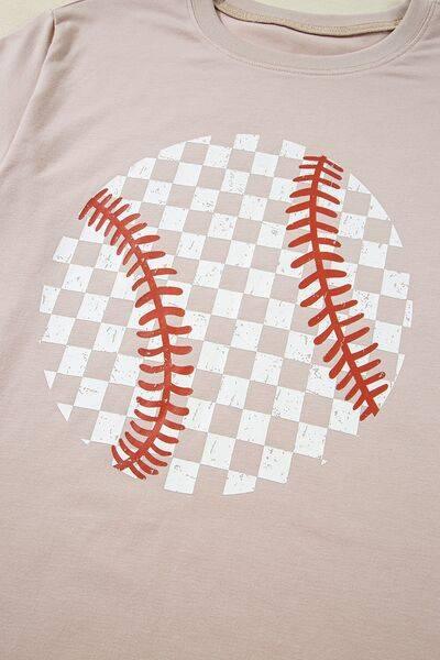 Contrast Checkered Baseball Graphic Round Neck Short Sleeve T-Shirt