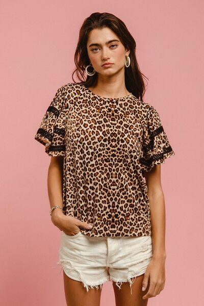 BiBi Leopard Crochet Trim Round Neck Short Sleeve Top