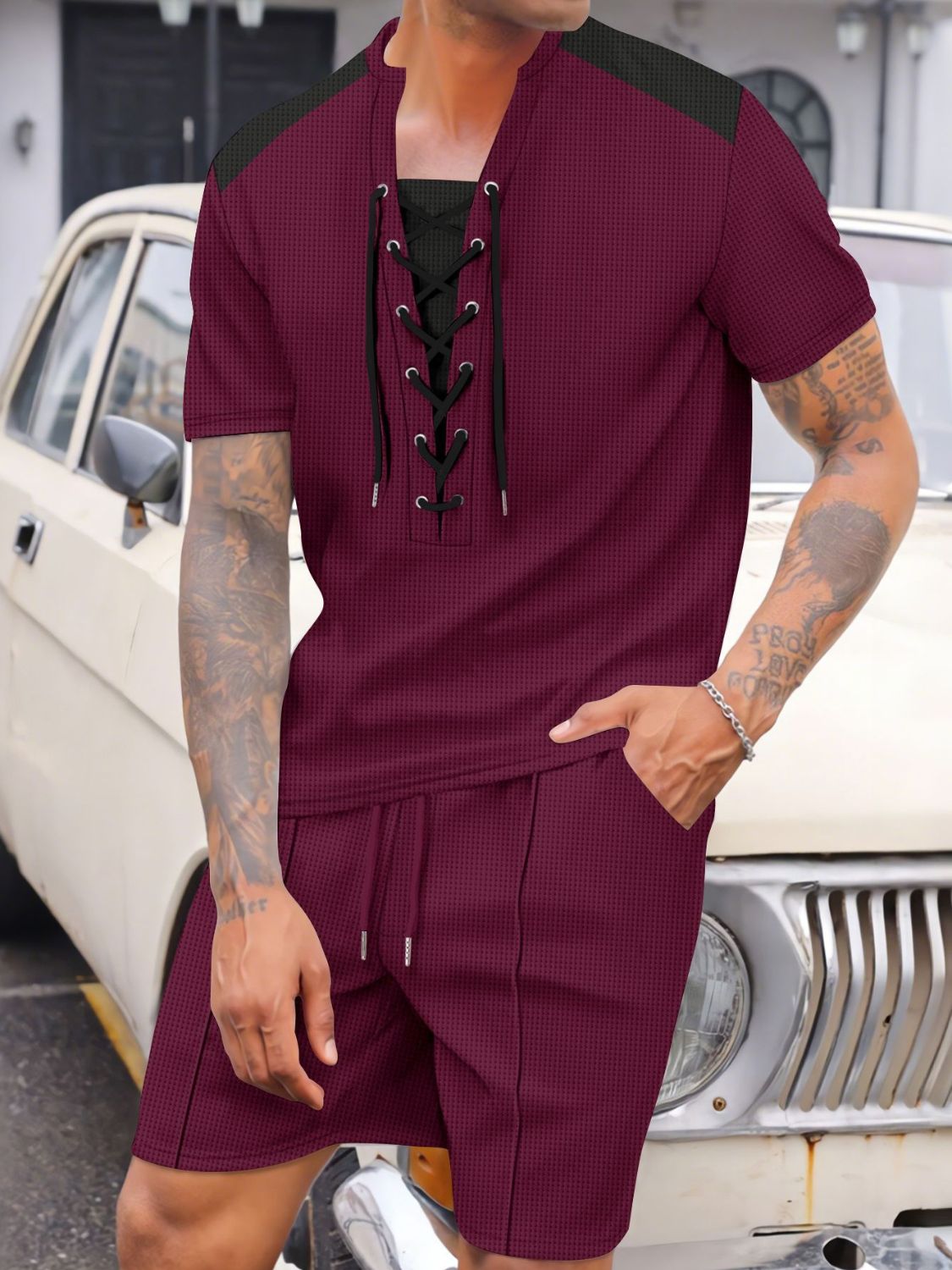 Men's Full Size Lace-Up Waffle Knit Top and Shorts Set Plus Size - Clothes For Her Online Store