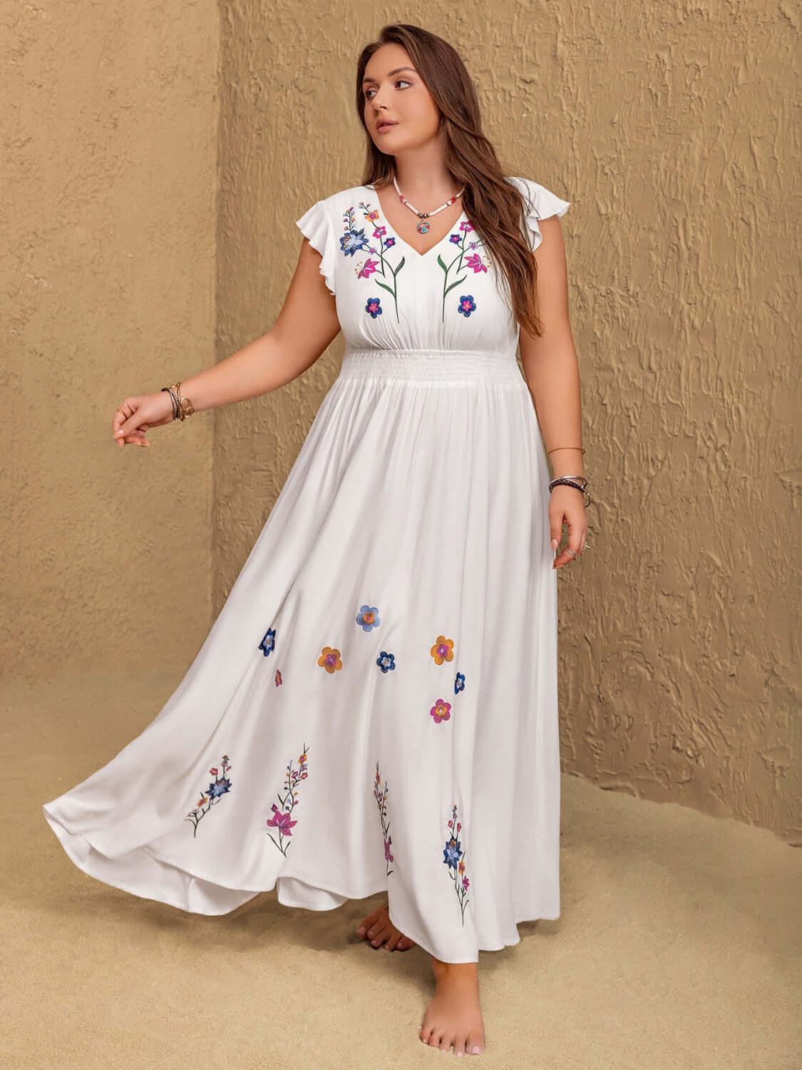 Plus Size Embroidered Floral V-Neck Cap Sleeve Maxi Dress