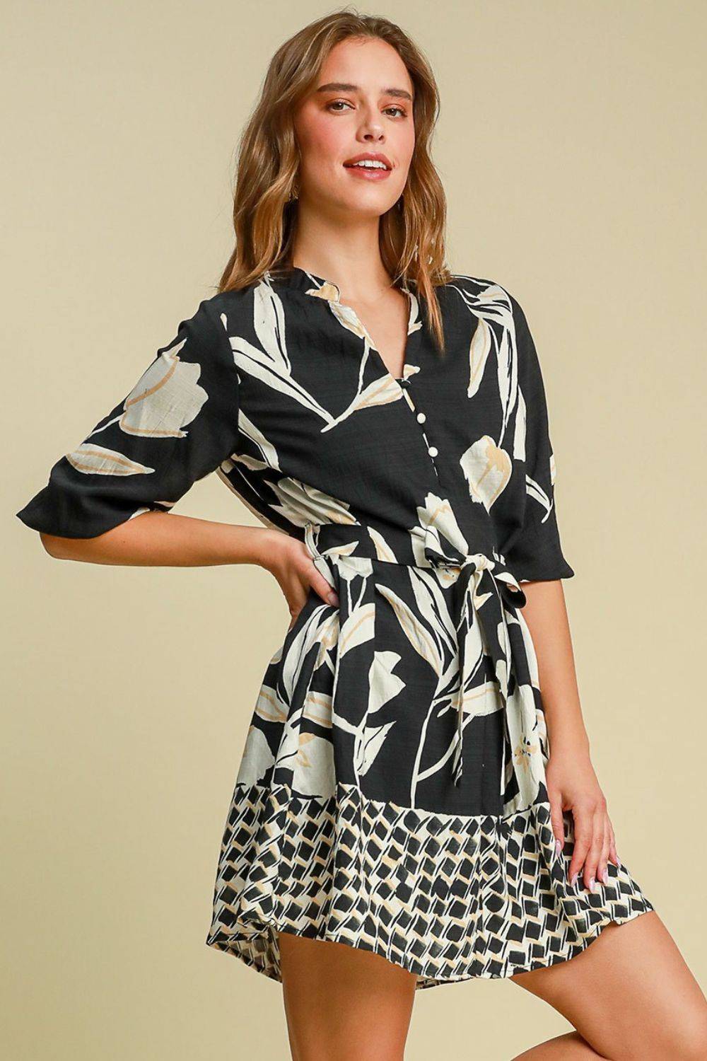Umgee Full Size Floral Print Notched Tie Waist Mini Dress Plus Size - Clothes For Her Online Store