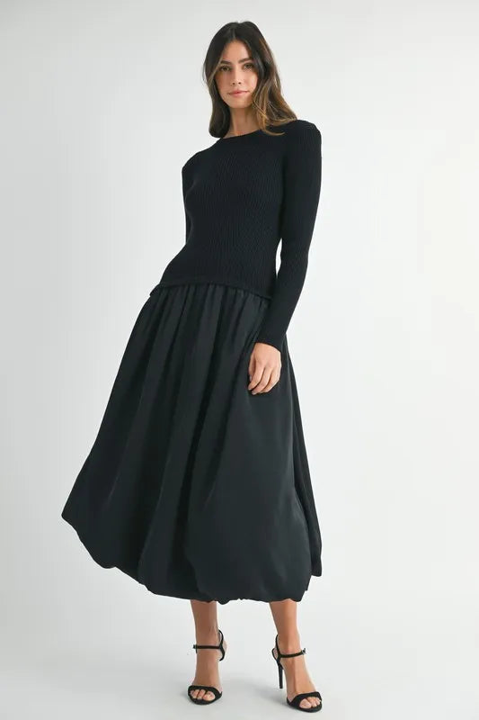 MABLE Ribbed Poplin Mix Midi Sweater Dress