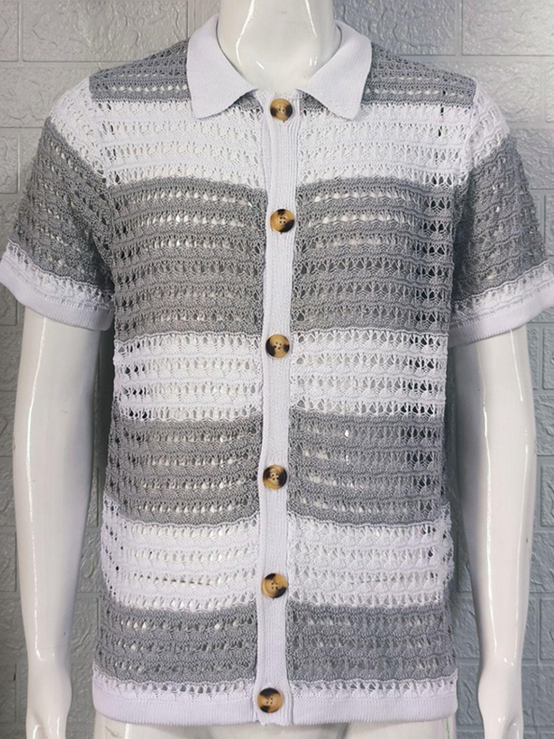 Men's Button Down Collared Neck Contrast Openwork Shirt - Clothes For Her Online Store