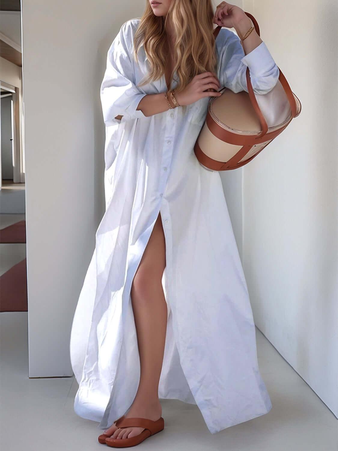 Devine Button Down Long Sleeve Maxi Shirt Dress