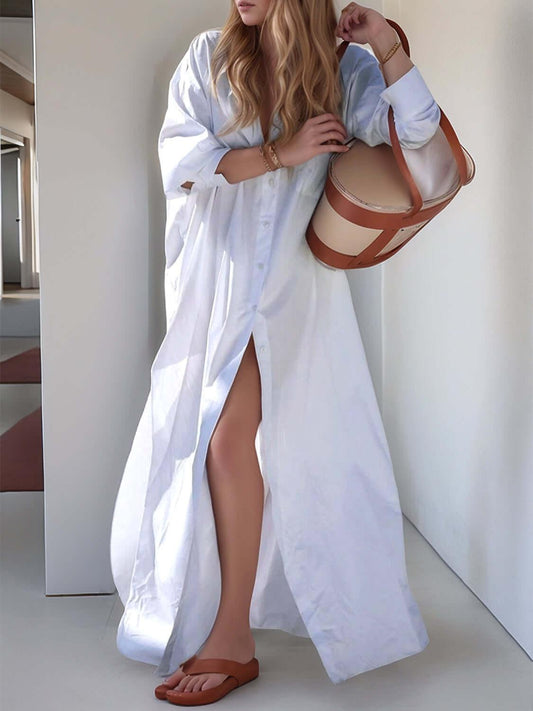 Devine Button Down Long Sleeve Maxi Shirt Dress - Clothes For Her Online Store