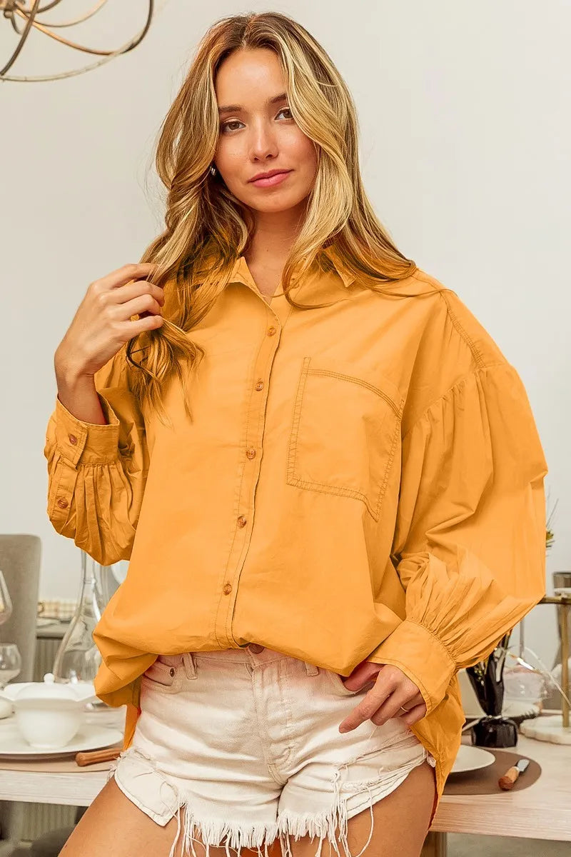 BiBi Vintage Washed Gathered Sleeve Oversized Shirt