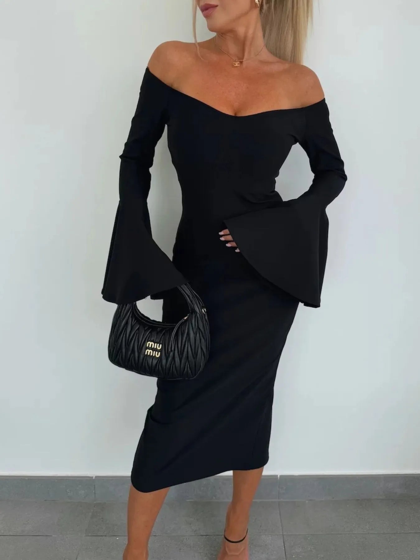 Off Shoulder Bell Sleeve Bodycon Midi Dress