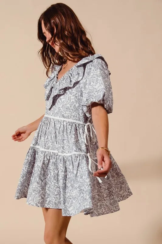 SO ME Cotton Printed Ruffle V Neckline Dress with Side Tie