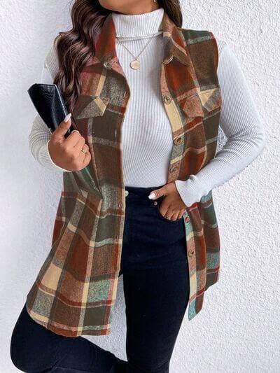 Honey Plus Size Pocketed Plaid Button Up Vest Coat - Clothes For Her Online Store