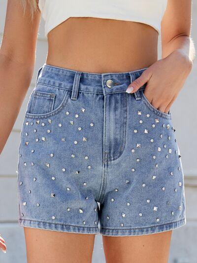 Rhinestone Washed High Waist Denim Shorts