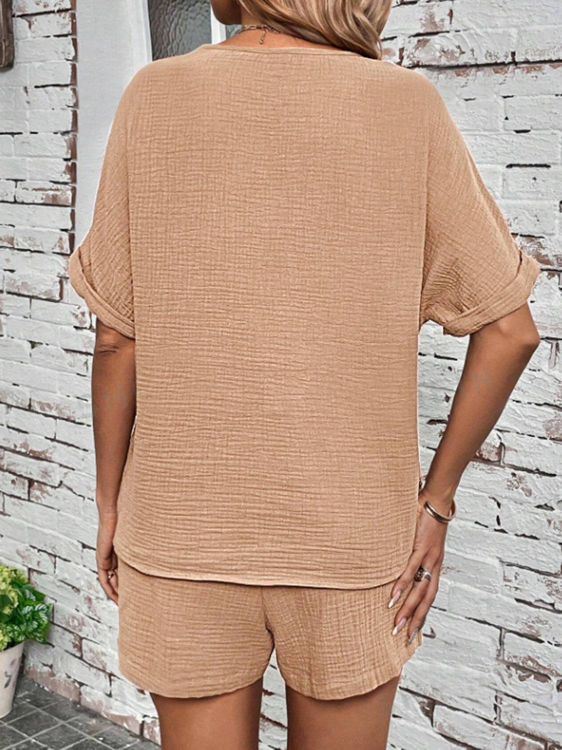 Notched Half Sleeve Top and Shorts Set - Clothes For Her Online Store