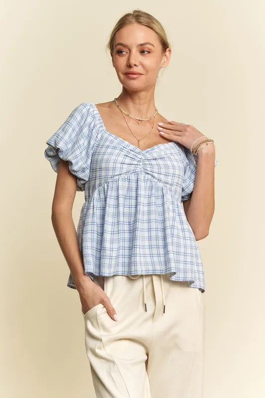 Davi & Dani Plaid Puff Sleeves Ruffled Smocked Blouse