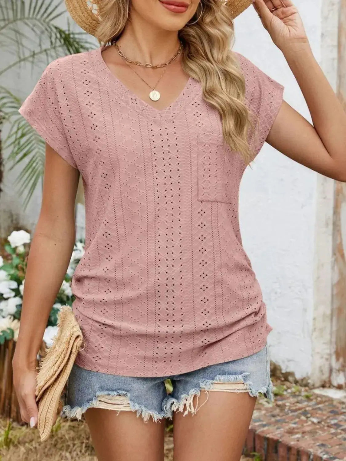 Eyelet V-Neck Short Sleeve Top - Clothes For Her Online Store