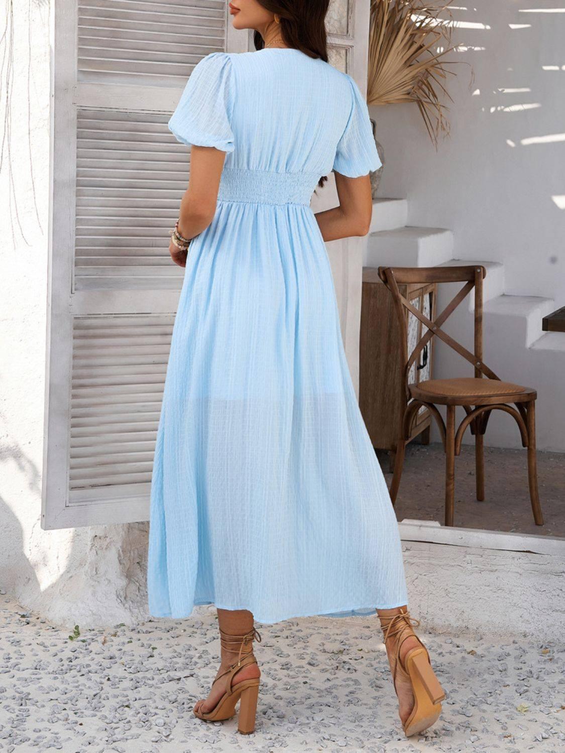 Devine V-Neck Puff Short Sleeve Midi Dress