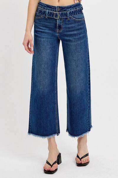 RISEN Raw Hem Wide Leg Attached Buckle Jeans - Clothes For Her Online Store