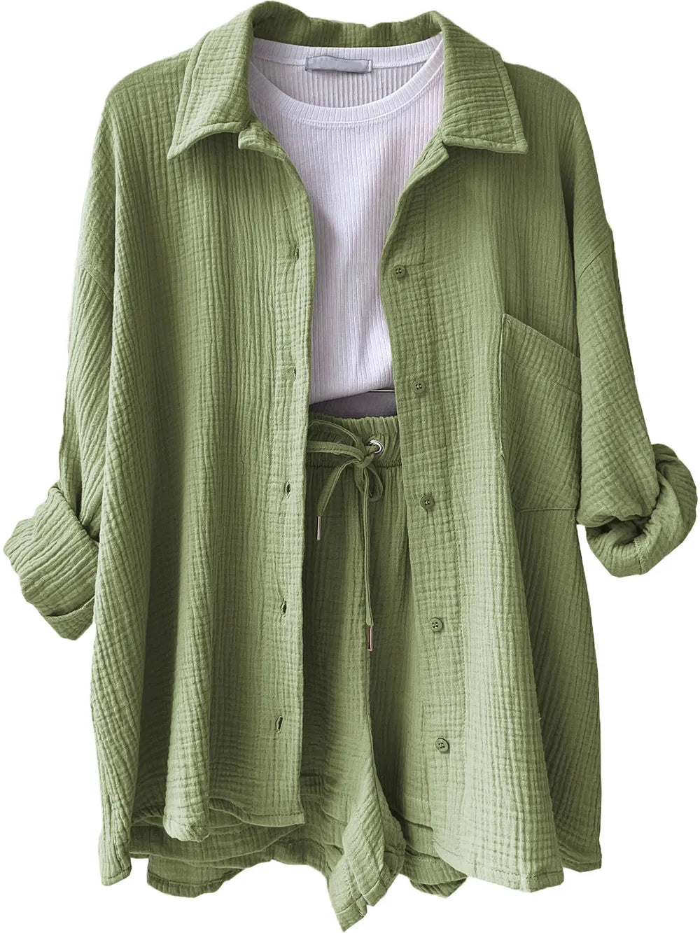 Texture Button Up Shirt and Drawstring Shorts Set - Clothes For Her Online Store