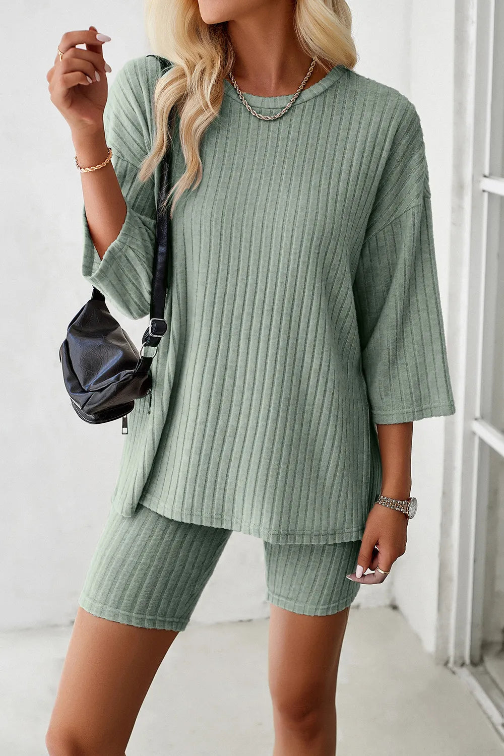 Devine Ribbed Round Neck Top and Shorts Set - Clothes For Her Online Store