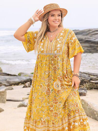 Plus Size Floral Tie Neck Flutter Sleeve Maxi Dress