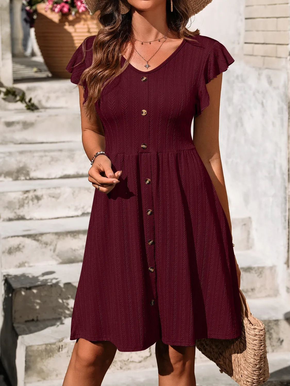 V-Neck Ruffled Cap Sleeve Dress