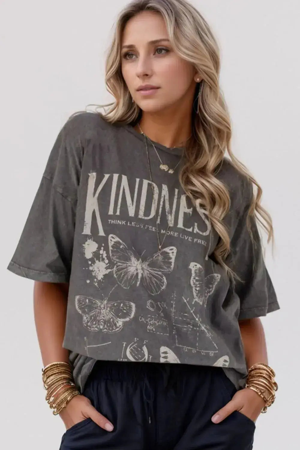 Kindness Butterflies Graphic Mineral Wash Loose Tee - Clothes For Her Online Store