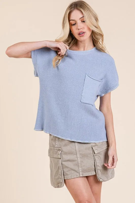 Lime 'N' Chili Solid Cap Sleeve Stitch Edge Knit Sweater