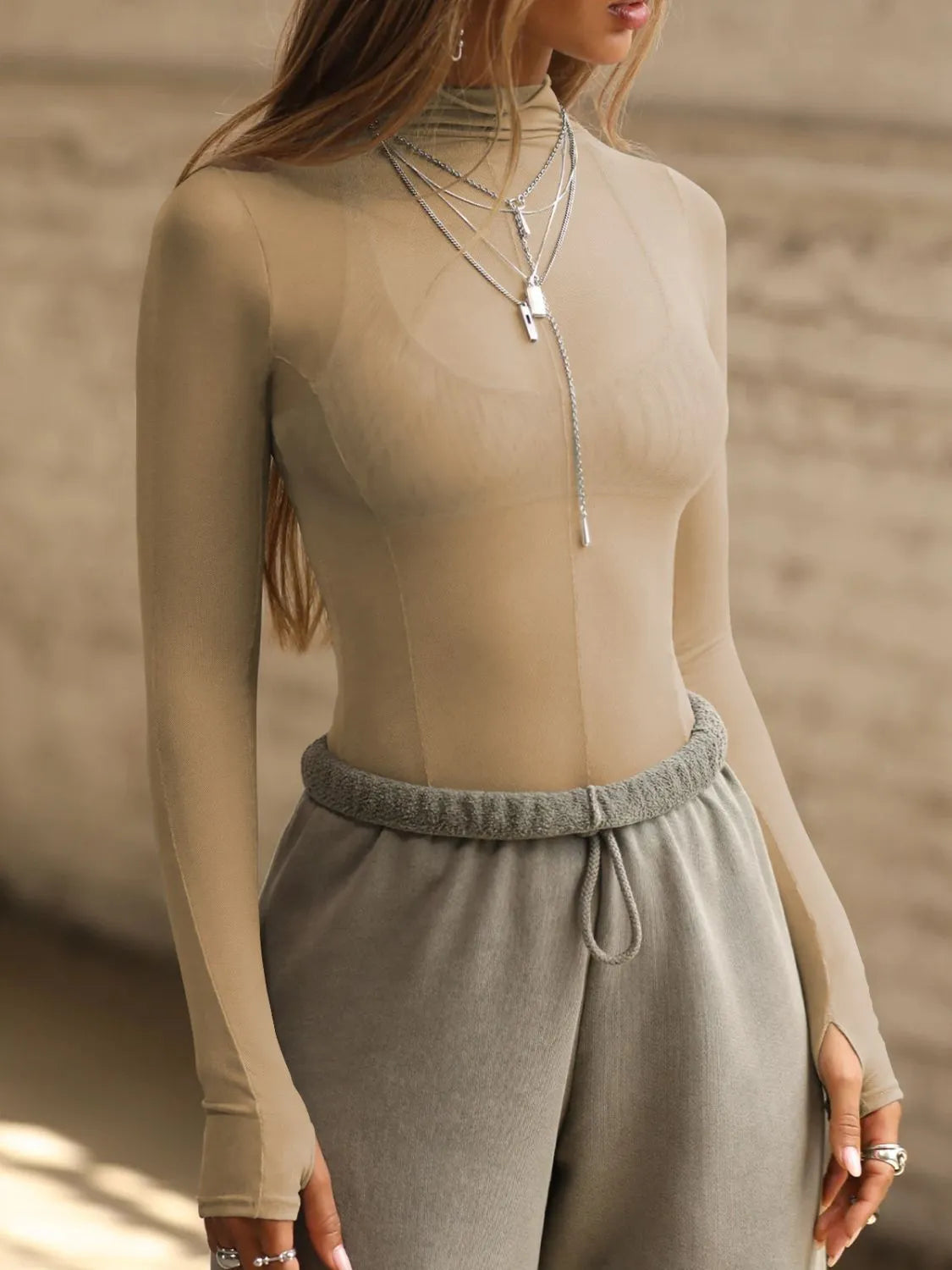 Mock Neck Long Sleeve Sheer Top