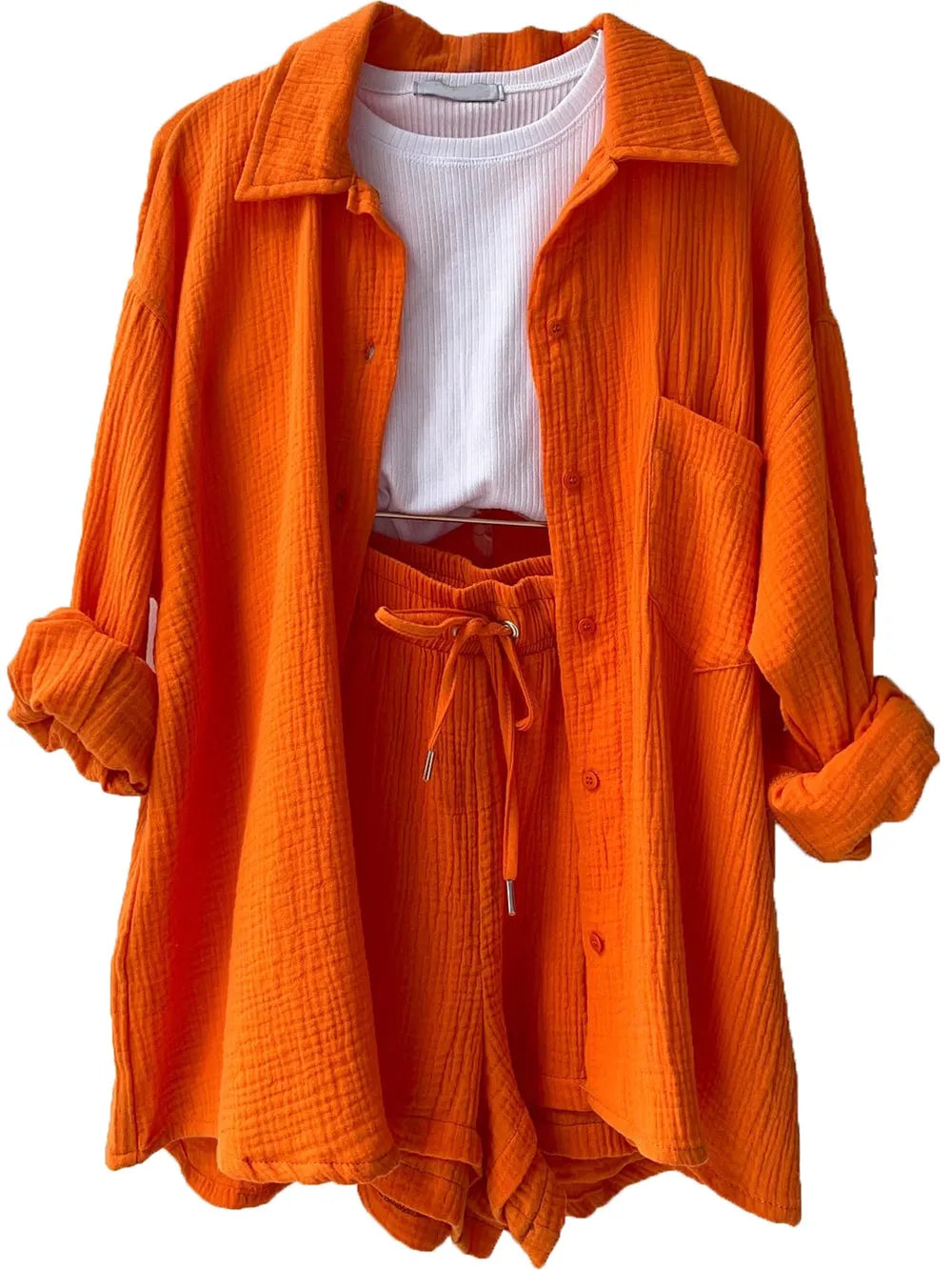 Texture Button Up Shirt and Drawstring Shorts Set - Clothes For Her Online Store