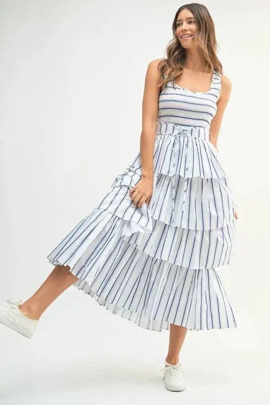 MABLE Pin Stripe Smocked Bodice Layered Midi Dress - Clothes For Her Online Store