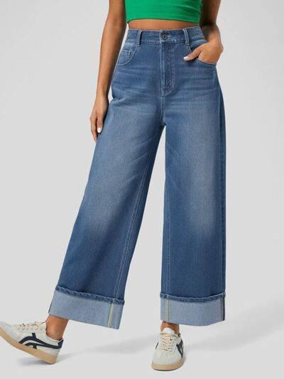 High Rise Rolled Straight Leg Jeans