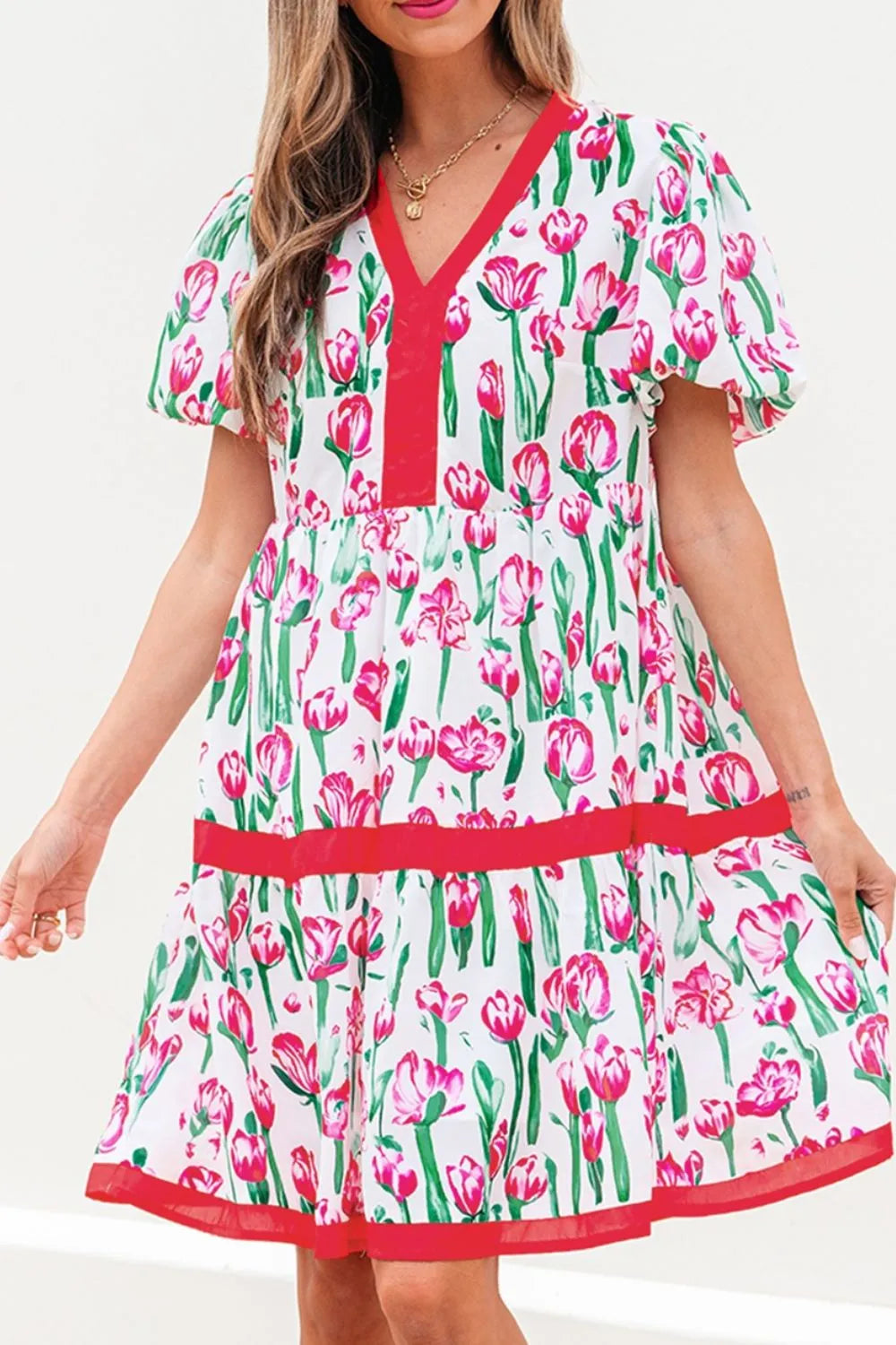 Floral Print Contrast Trim V Neck Bubble Short Sleeve Babydoll Dress