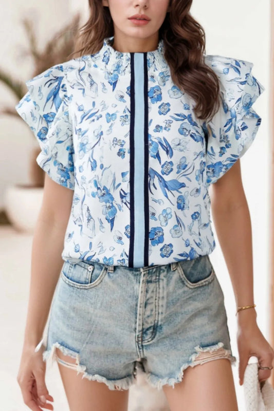 Floral Print Ruffled Short Sleeve Blouse