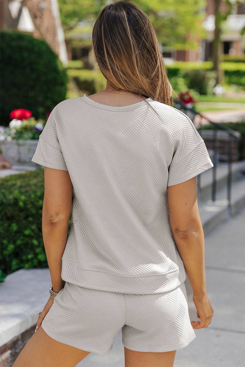 Textured Round Neck T-Shirt and Shorts Set - Clothes For Her Online Store