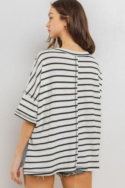 Ces Femme Side Slit Striped Round Neck Half Sleeve T-Shirt - Clothes For Her Online Store