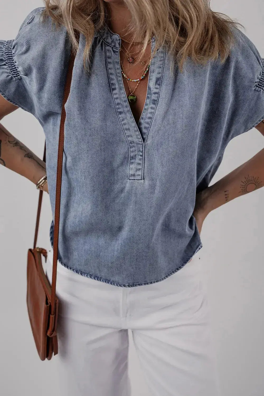 V Neck Ruffled Short Puff Sleeve Denim Top - Clothes For Her Online Store