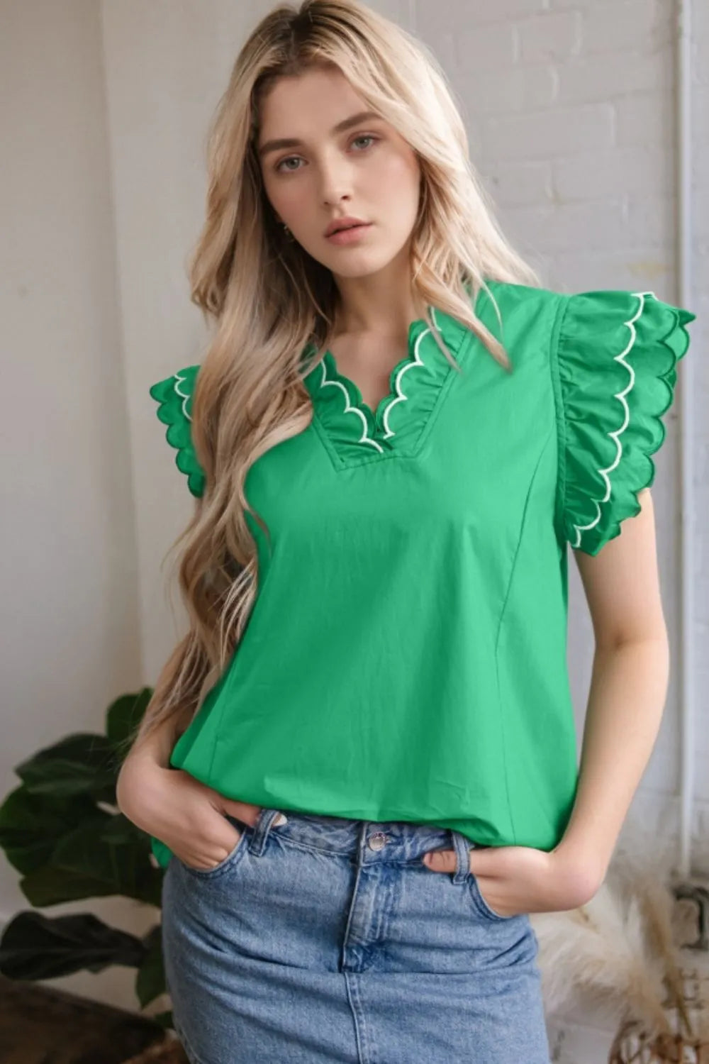 V-Neck Ruffled Cap Sleeve Blouse
