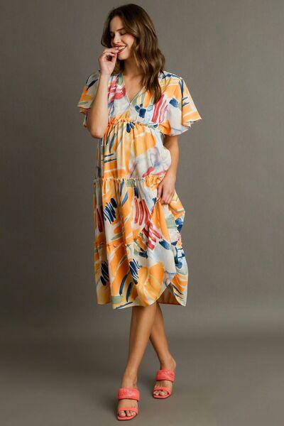 Umgee Full Size Abstract Print Flutter Sleeve Frill Tiered Midi Dress Plus Size