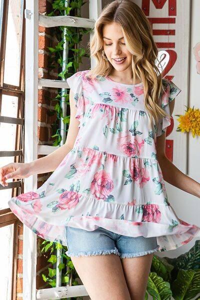 Heimish Full Size Butterfly Short Sleeve Round Neck Floral Print Tiered Top Plus Size