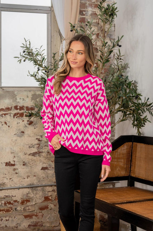 Sew In Love Full Size Wave Stripe Contrast Long Sleeve Sweater - Clothes For Her Online Store
