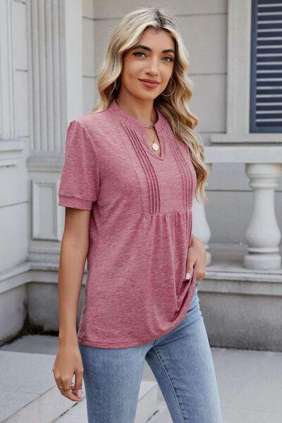 Notched Short Sleeve Solid Color Top - Clothes For Her Online Store