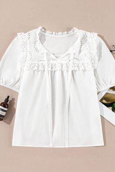 Lace Patchwork Tie Neck Short Sleeve Blouse