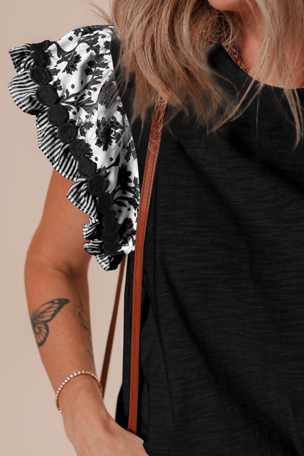 Round Neck Printed Ruffled Cap Sleeve Blouse