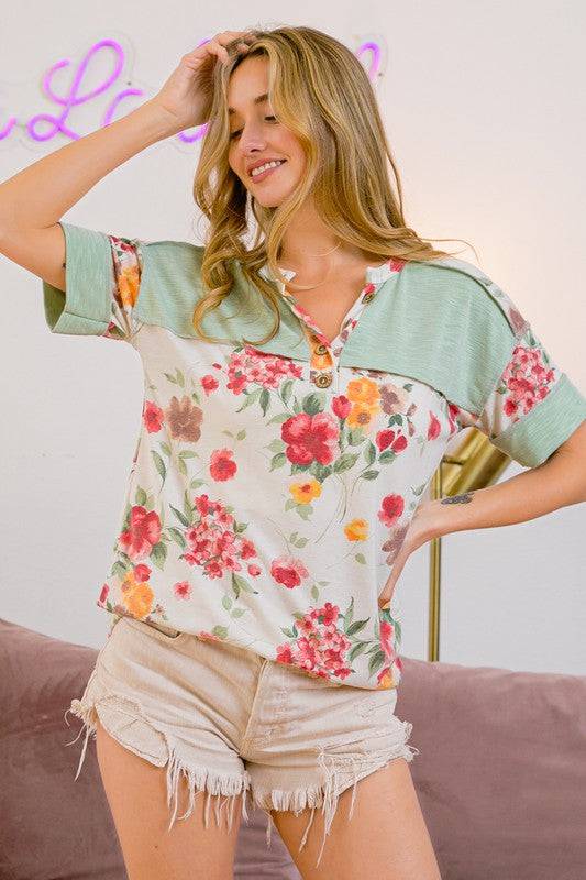 BiBi Floral Button Detail Round Neck Short Sleeve Terry T-Shirt - Clothes For Her Online Store