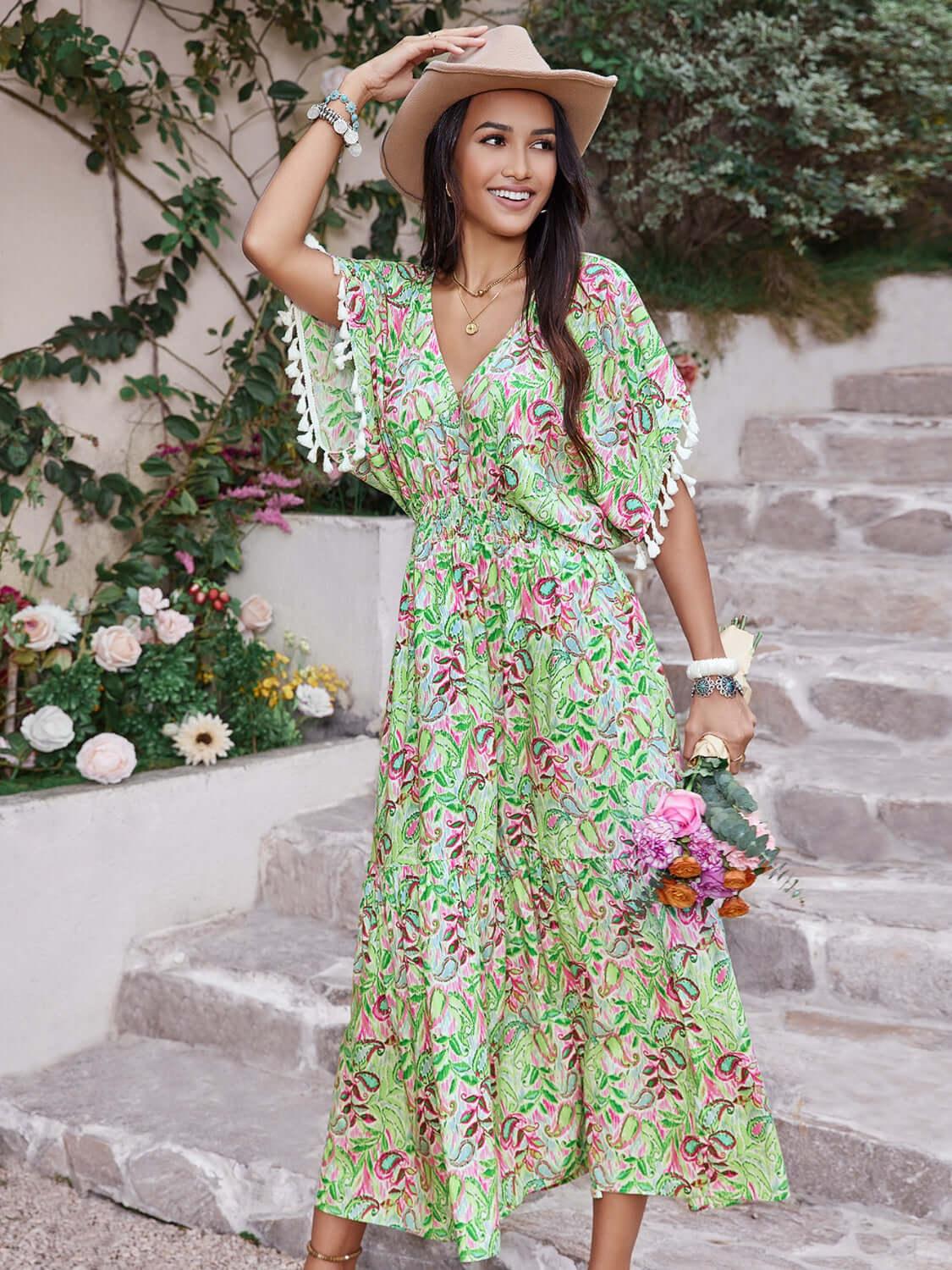 Smocked Floral V-Neck Short Sleeve Dress - Clothes For Her Online Store