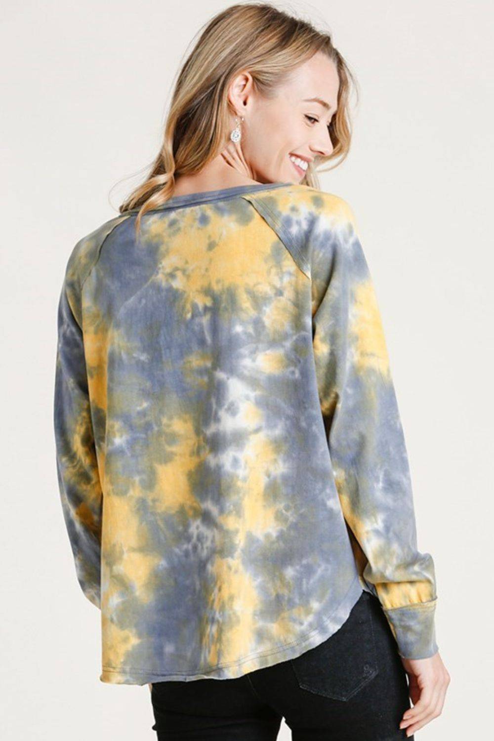 Umgee Full Size Tie Dye Button Front Long Raglan Sleeve Top Plus Size - Clothes For Her Online Store